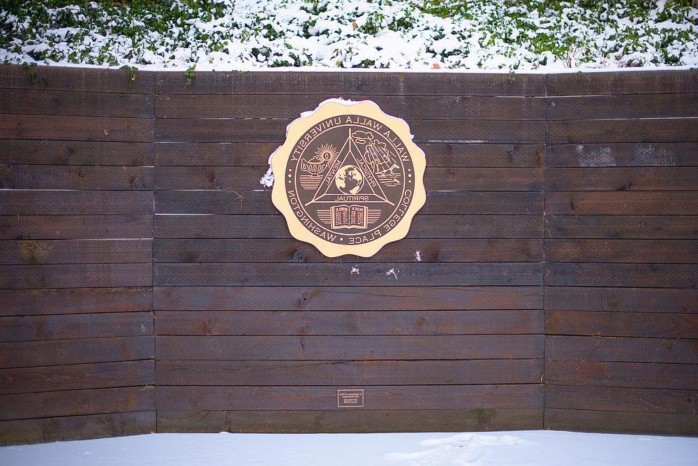 WWU seal on Centennial Green stage is dusted in snow.